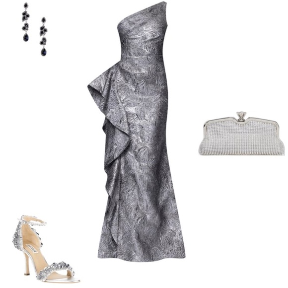 NEW XSCAPE Gunmetal Gray METALLIC RUFFLE One Shoulder JACQUARD Mermaid GOWN 12 - Picture 3 of 9